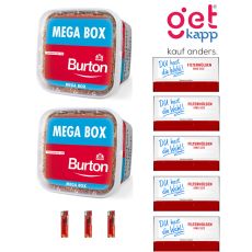 Sparset Tabak Burton Red Mega Box. Zwei rote Eimer mit fünf King Size Hülsen deiner Wahl und Feuerzeuge.