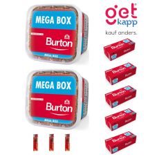 Sparset Tabak Burton Original Full Flavor Rot M. Zwei rote Eimer mit Burton Hülsen und Feuerzeuge.