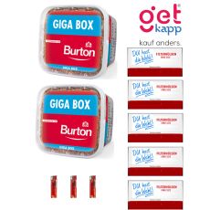 Sparset Tabak Burton Red Giga Box. Zwei rote Eimer mit fünf King Size Hülsen deiner Wahl und Feuerzeuge.