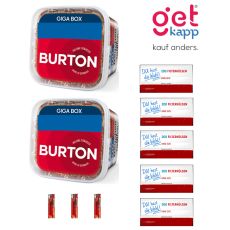 Sparset Burton Tabak Red. Zwei rot-blaue Eimer mit King Size Hülsen deiner Wahl und Feuerzeuge.