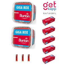 Sparset Tabak Burton Original Full Flavor Rot Giga Box. Zwei rote Eimer mit Burton Hülsen und Feuerzeuge.