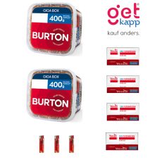 Sparset Tabak Burton Original Full Flavor Rot L. Zwei rote Eimer mit Winston Extra Hülsen und Feuerzeuge.