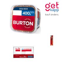 Sparset Tabak Burton Original Full Flavor Rot L Ein roter Eimer mit Winston Extra Hülsen und Feuerzeug.