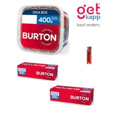 Sparset Tabak Burton Original Full Flavor Rot. Ein roter Eimer mit Burton Hülsen und Feuerzeug.