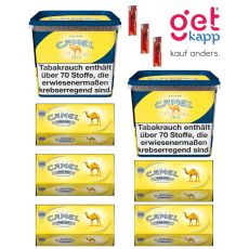 Sparset Tabak Camel Gelb 6XL. Zwei gelb-blaue Eimer mit Camel Hülsen und Feuerzeugen.