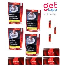 Sparset Convent Tabak Red Beutel. Vier rote Beutel mit weißer Convent Aufschrift, Hülsen und Feuerzeuge.