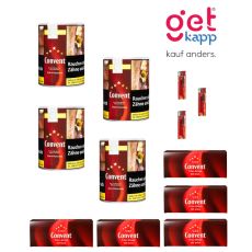 Sparset Convent Tabak Classic Red Dose. Vier rote Dosen mit weißer Convent Aufschrift, Hülsen und Feuerzeuge.