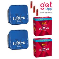 Sparset Elixyr Tabak Blue Volume Eimer. Zwei große blaue Eimer mit weißem Elixyr Logo, Hülsen und Feuerzeuge.