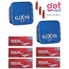 Sparset Elixyr Tabak Blue Volume Eimer. Zwei große blaue Eimer mit weißem Elixyr Logo, Hülsen und Feuerzeuge.