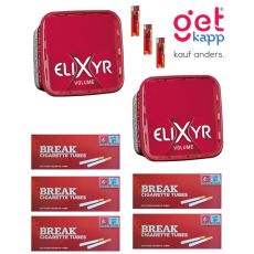 Sparset Elixyr Tabak Red Volume Eimer. Zwei große rote Eimer mit weißem Elixyr Logo, Hülsen und Feuerzeuge.