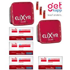 Sparset Elixyr Tabak Red Volume Eimer. Zwei große rote Eimer mit weißem Elixyr Logo, Extra Hülsen und Feuerzeuge.