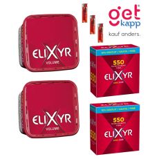 Sparset Elixyr Tabak Red Volume Eimer. Zwei große rote Eimer mit weißem Elixyr Logo, Elixyr King-Size Hülsen und Feuerzeuge.