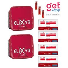 Sparset Elixyr Tabak Red Volume Eimer. Zwei große rote Eimer mit weißem Elixyr Logo, Extra Hülsen und Feuerzeuge.