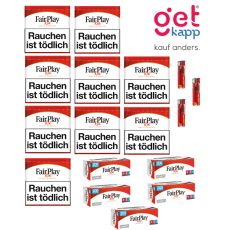 Sparset Tabak Fair Play Red Dose. Zehn rot-weiße Dosen mit Fairplay Logo mit Hülsen und Feuerzeuge.