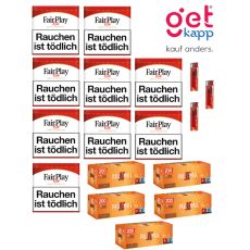Sparset Tabak Fair Play Red Dose. Zehn weiss-rote Dosen mit Fairplay Logo mit Hülsen und Feuerzeuge.