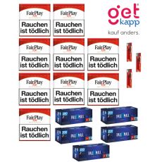 Sparset Tabak Fair Play Red Dose. Zehn weiss-rote Dosen mit Fairplay Logo mit Hülsen und Feuerzeuge.