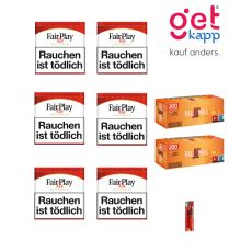 Sparset Tabak Fair Play Red Dose. Sechs weiss-rote Dosen mit Fairplay Logo mit Hülsen und Feuerzeuge.