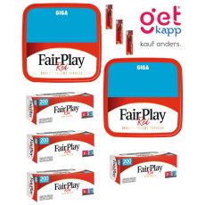 Sparset Tabak Fair Play Red Giga Box. Zwei rote blaue Eimer mit Fairplay Logo mit Hülsen und Feuerzeuge.