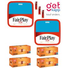 Sparset Tabak Fair Play Red Giga Box. Zwei rote blaue Eimer mit Fairplay Logo mit Hülsen und Feuerzeuge.