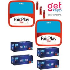 Sparset Tabak Fair Play Red Giga Box. Zwei rote blaue Eimer mit Fairplay Logo mit Hülsen und Feuerzeuge.