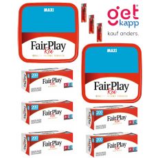 Sparset Tabak Fair Play Red Maxi Box. Zwei rot-blaue Boxen mit Fairplay Logo mit Hülsen und Feuerzeuge.