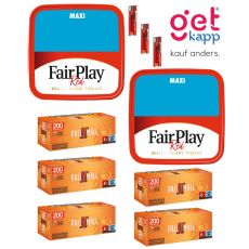 Sparset Tabak Fair Play Red Maxi Box. Zwei rote blaue Eimer mit Fairplay Logo mit Hülsen und Feuerzeuge.