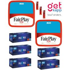 Sparset Tabak Fair Play Red Maxi Box. Zwei rote blaue Eimer mit Fairplay Logo mit blauen Hülsen und Feuerzeuge.