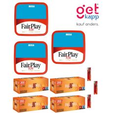 Sparset Tabak Fair Play Red Mega Box. Drei rot-blaue Eimer mit Fairplay Logo mit Hülsen und Feuerzeuge.