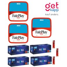 Sparset Tabak Fair Play Red Mega-Box. Drei rot-blaue Eimer mit Fairplay Logo mit Hülsen und Feuerzeuge.