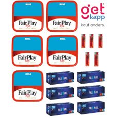 Sparset Tabak Fair Play Red Mega Box. Fünf rote-blaue Eimer mit Fairplay Logo mit Hülsen und Feuerzeuge.