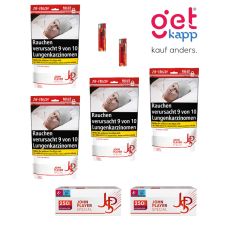 Sparset Tabak JPS Rot Beutel. Vier weiß-rote Zip-Bags mit rotem JPS Logo, JPS 250 Hülsen und Feuerzeuge.