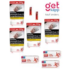 Sparset Tabak JPS Rot Beutel. Vier weiß-rote Zip-Bags mit rotem JPS Logo, JPS 200 Hülsen und Feuerzeuge.