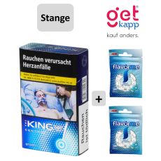 Sparset Zigaretten The King Centrio Storm. Blaue Packung mit weißer King Aufschrift und Krone und zwei blaue Beutel flavome Filter.