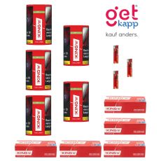 Sparset Tabak The King Red Dose. Fünf rot-weiße Dosen mit King Hülsen und Feuerzeuge.