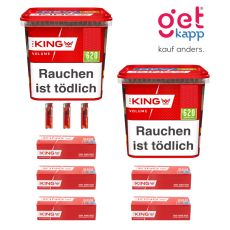 Sparset Tabak The King Red Mega Box. Zwei rot-weiße Eimer mit King Hülsen und Feuerzeuge.