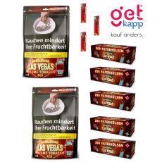 Sparset Las Vegas Tabak Red Beutel. Zwei rote Zip-Bags mit gelb-leuchtendem Las Vegas Schild, fünf Las Vegas Hülsen und drei Feuerzeuge.