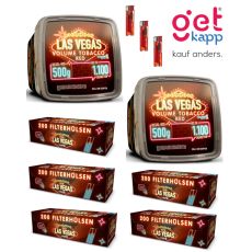 Sparset Las Vegas Tabak Red Box XL. Zwei rote Eimer mit mit gelb-leuchtendem Las Vegas Schild, Las Vegas Hülsen und Feuerzeuge.