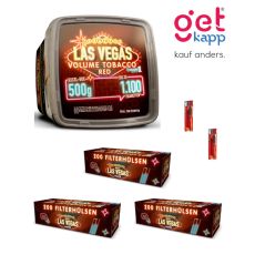Sparset Las Vegas Tabak Red Box L. Rote Eimer mit gelb-leuchtendem Las Vegas Schild, Las Vegas Hülsen und Feuerzeuge.