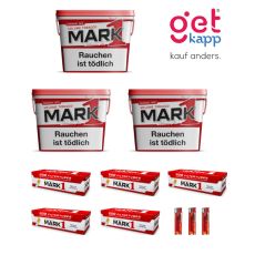 Sparset Tabak Mark Adams 255g Eimer. Drei rot-weiße Eimer mit Mark 1 Logo, Mark 1 Hülsen und Feuerzeuge.