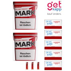 Sparset Tabak Mark Adams No. 1 Rot. Zwei rot-weiße Eimer mit roter Eins und fünf King Size Hülsen deiner Wahl mit Feuerzeuge.