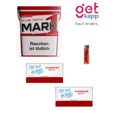 Tabak Sparset Mark Adams No. 1 Rot. Ein rot-weiße Eimer mit roter Eins und zwei King Size Hülsen deiner Wahl mit Feuerzeug.