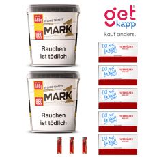 Sparset Tabak Mark Adams No. 1 Gold. Zwei weiße Eimer mit goldener Eins und fünf King Size Hülsen deiner Wahl mit Feuerzeuge.