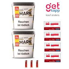 Sparset Mark Adams Tabak Gold Eimer. Zwei gold-weiße Eimer mit Mark 1 Logo, Winston Extra Hülsen und Feuerzeuge.