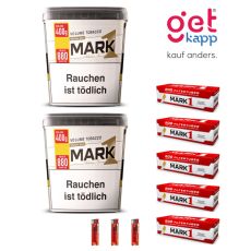 Sparset Mark Adams Tabak Gold Eimer. Zwei gold-weiße Eimer mit schwarz-rotem Mark 1 Logo, Mark 1 Hülsen und Feuerzeuge.