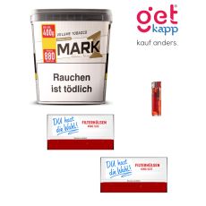 Sparset Tabak Mark Adams No. 1 Gold. Ein weißer Eimer mit goldener Eins und zwei King Size Hülsen deiner Wahl mit Feuerzeug.