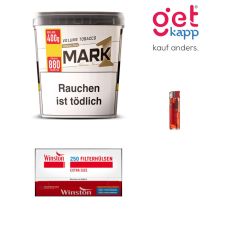 Sparset Mark Adams Tabak Gold 400g Eimer. Ein gold-weiße Eimer mit Mark 1 Logo, Winston Extra Hülsen und Feuerzeug.