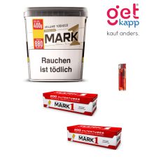 Sparset Mark Adams No.1 Tabak Gold. Ein gold-weißer Eimer mit schwarz-rotem Mark 1 Logo, Mark 1 Hülsen und Feuerzeug.