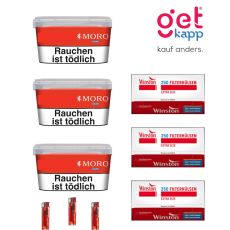 Sparset Moro Tabak Red Eimer. Drei kleine rote Eimer mit mit weißer Moro Aufschrift, Winston Extra Size Hülsen und Feuerzeuge.