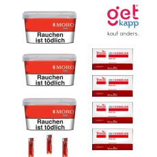 Sparset Moro Tabak Red Eimer. Drei kleine rote Eimer mit mit weißer Moro Aufschrift, Break Hülsen und Feuerzeuge.