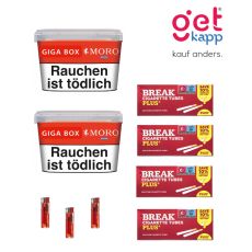 Sparset Moro Tabak Red Giga Box. Zwei rote Eimer mit mit weißer Moro Aufschrift, Break Plus Hülsen und Feuerzeuge.